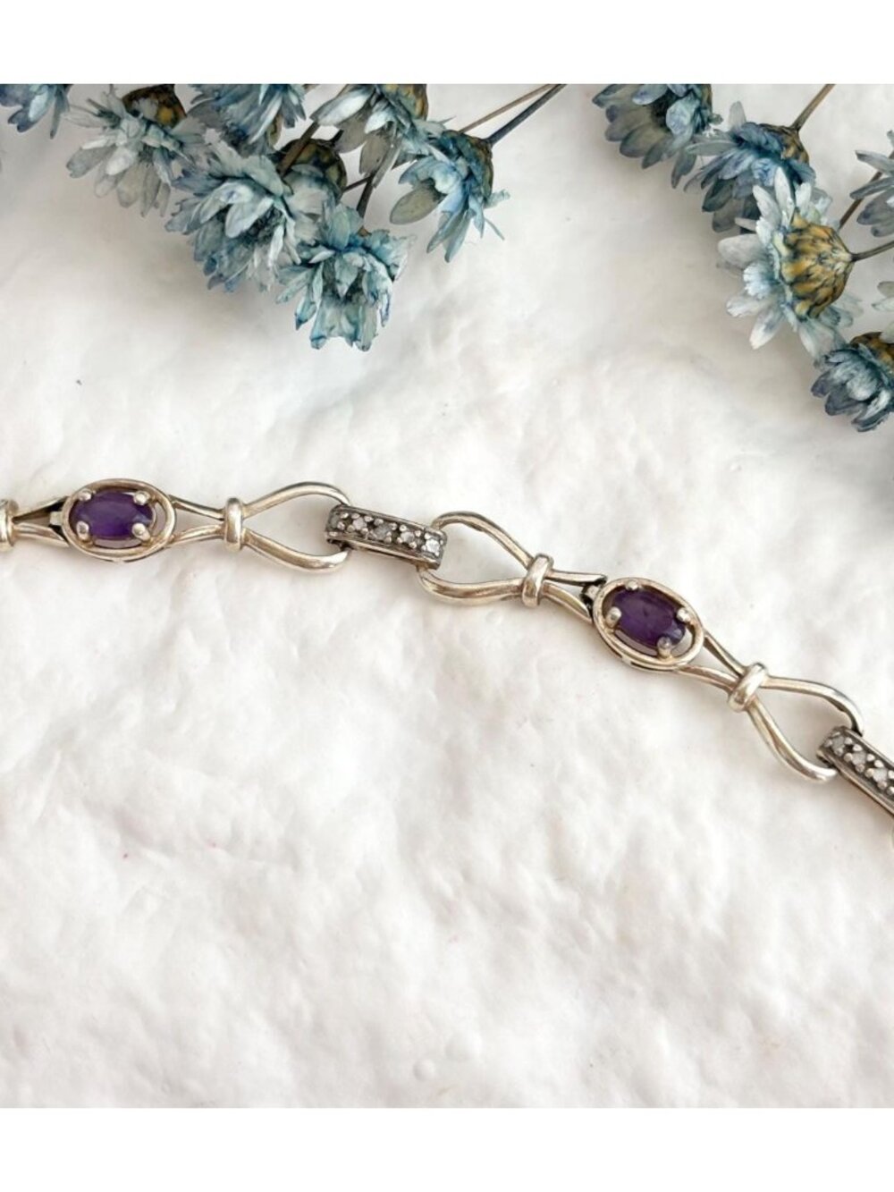 Amethyst Gemstone Chainlink Vintage Sterling Silver 925 Tennis Bracelet - 8"